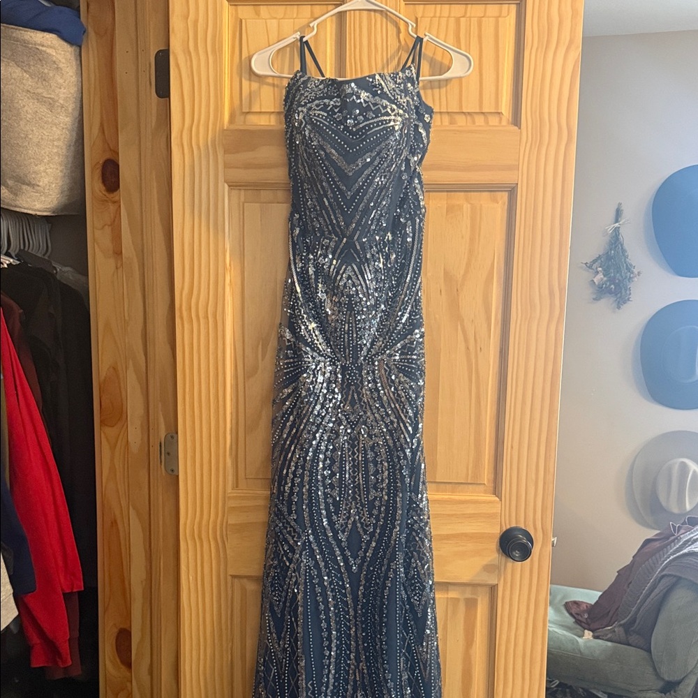 Navy Beaded Prom Dress with Sparkling Sequin Detail